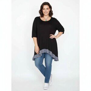 Alyx Women's Plus Size 3X Tunic Black Textured Stretch, Asymmetric Pinstripe Hem